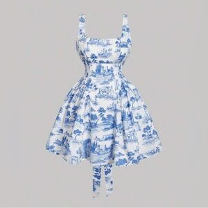 SHEIN White and Blue Patterned Mini Dress